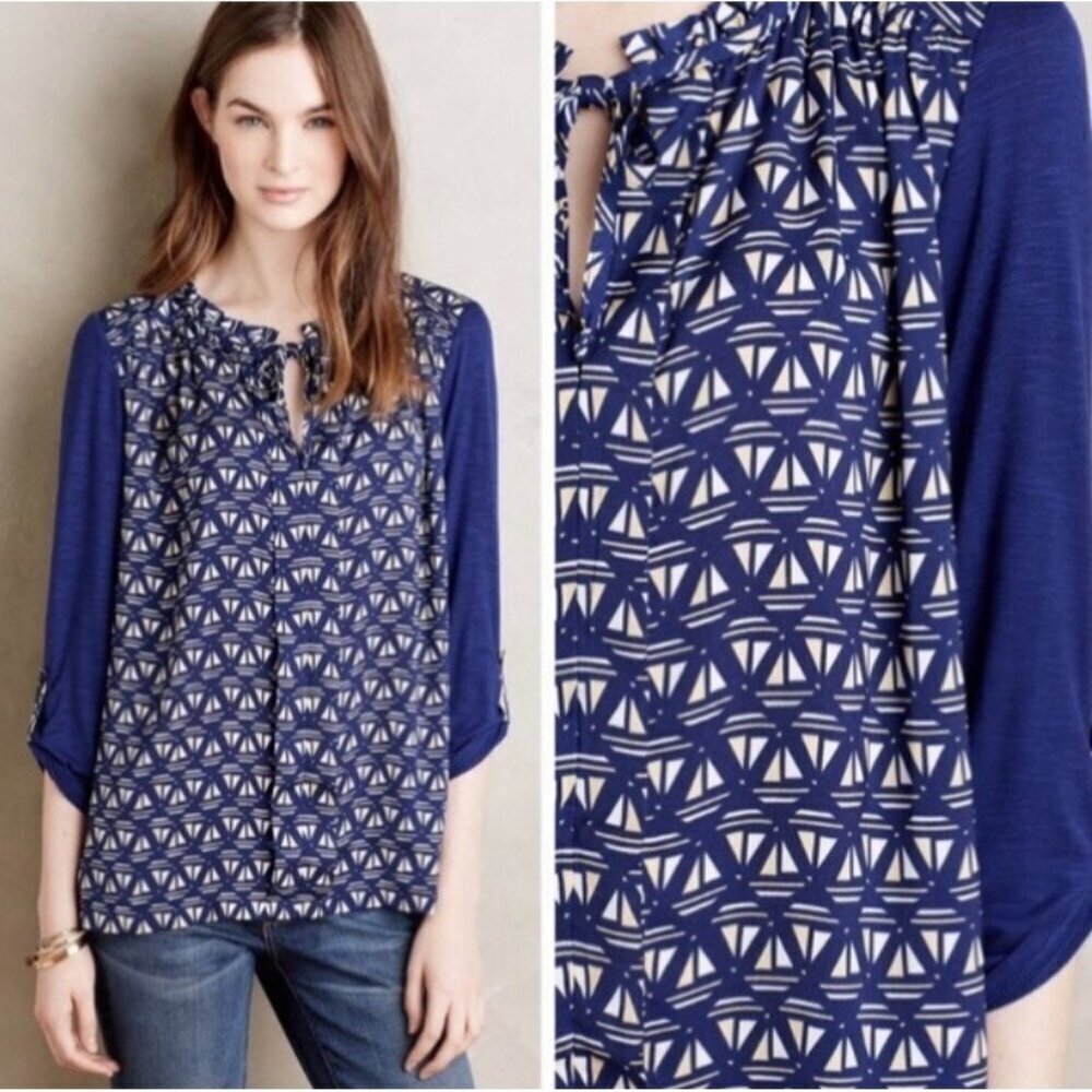 Anthropologie Meadow Rue Evella Sailboat Print Nautical Blouse Blue Size Large